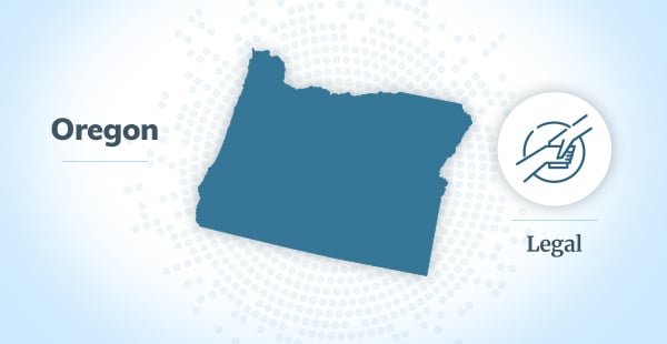 The state of Oregon in dark blue on a lighter blue background. Text says "Oregon." A small graphic of a handshake is to the left of the Oregon graphic with "Legal" written underneath.