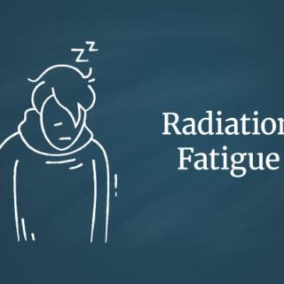 This decorative image contains a cartoon image of an exhausted person next to text that reads "Radiation Fatigue."
